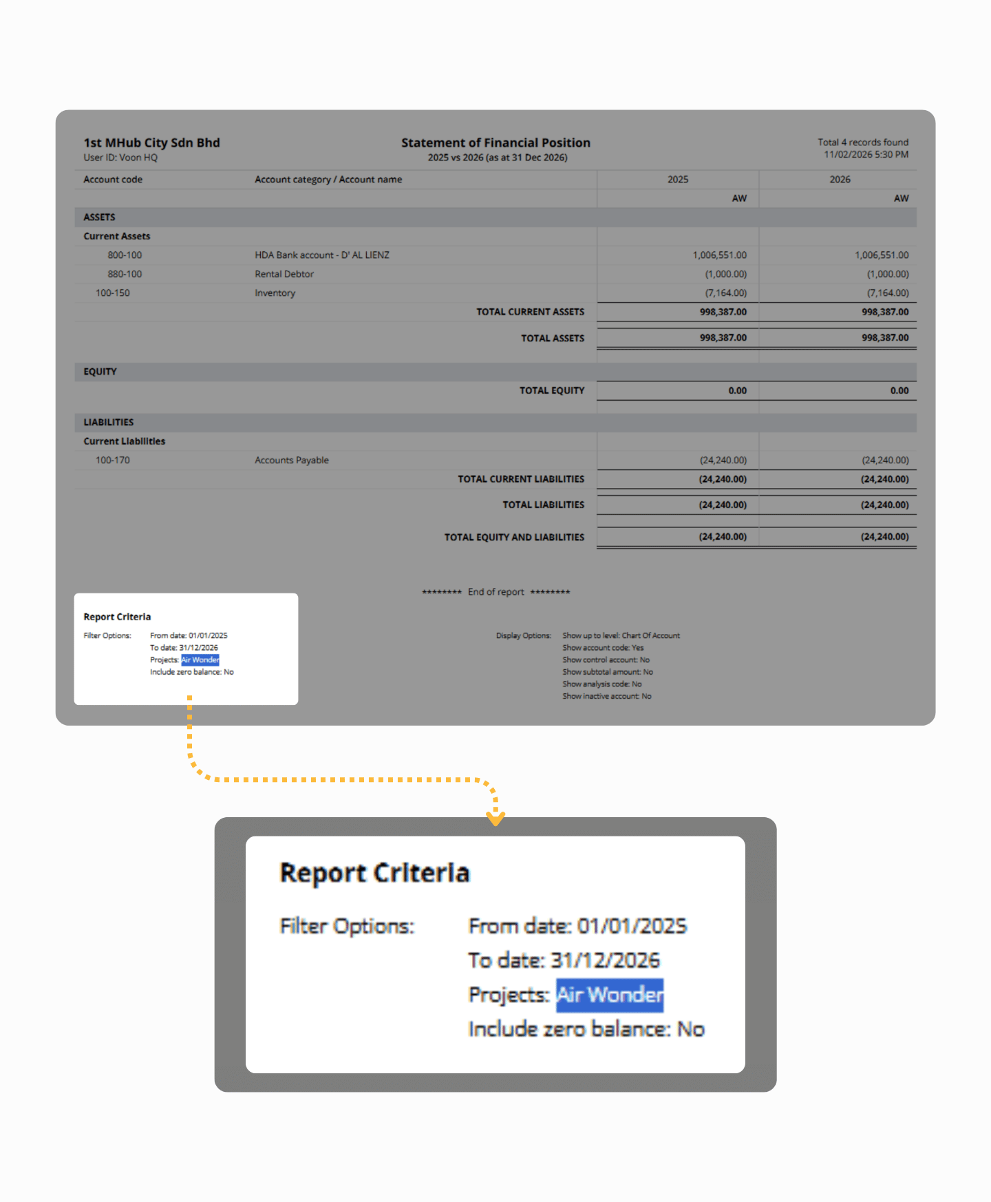 A statement of financial position with its report criteria enlarged to show the project filter.