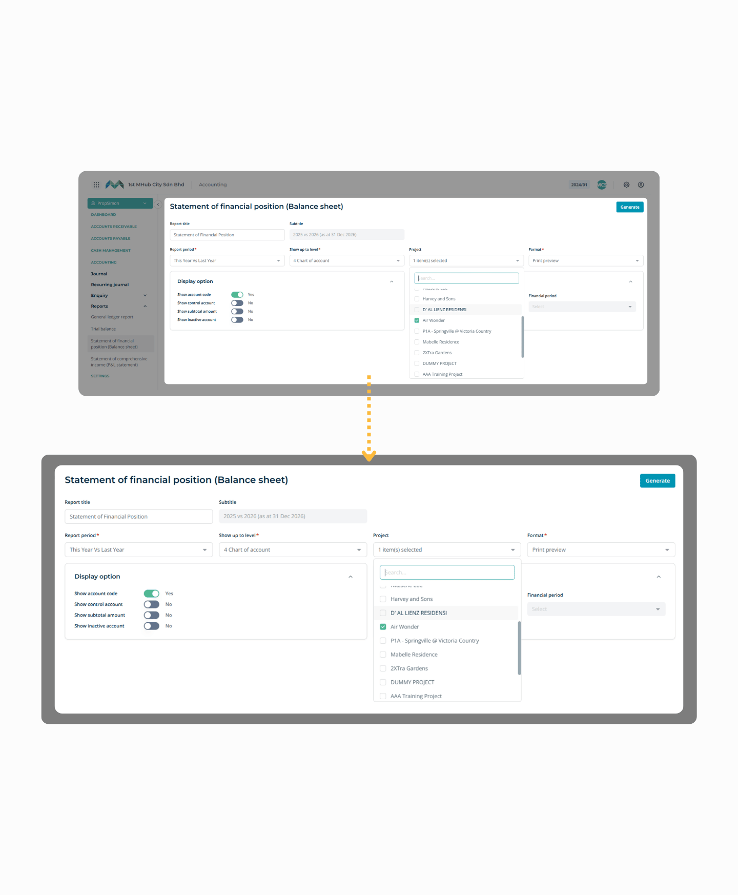 The MHub Accounting statement of financial position report builder, with its project filter and display options enlarged below it.