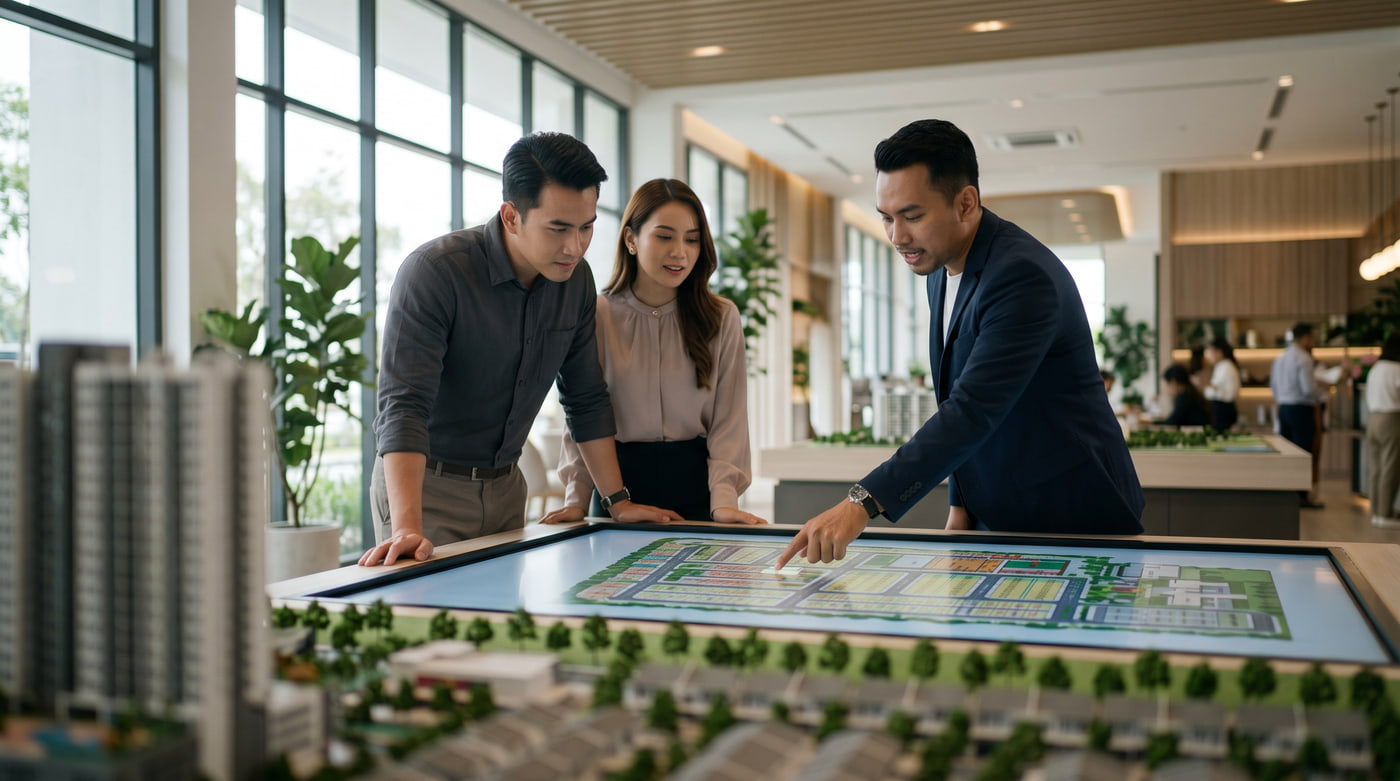 A sales agent in a navy blazer points to one plot on a colour-coded township layout shown on a touchscreen table, while a young couple leans in beside him to look. They stand in a bright property sales gallery with floor-to-ceiling windows and potted plants, a scale model of the township's towers and terrace houses out of focus in the foreground