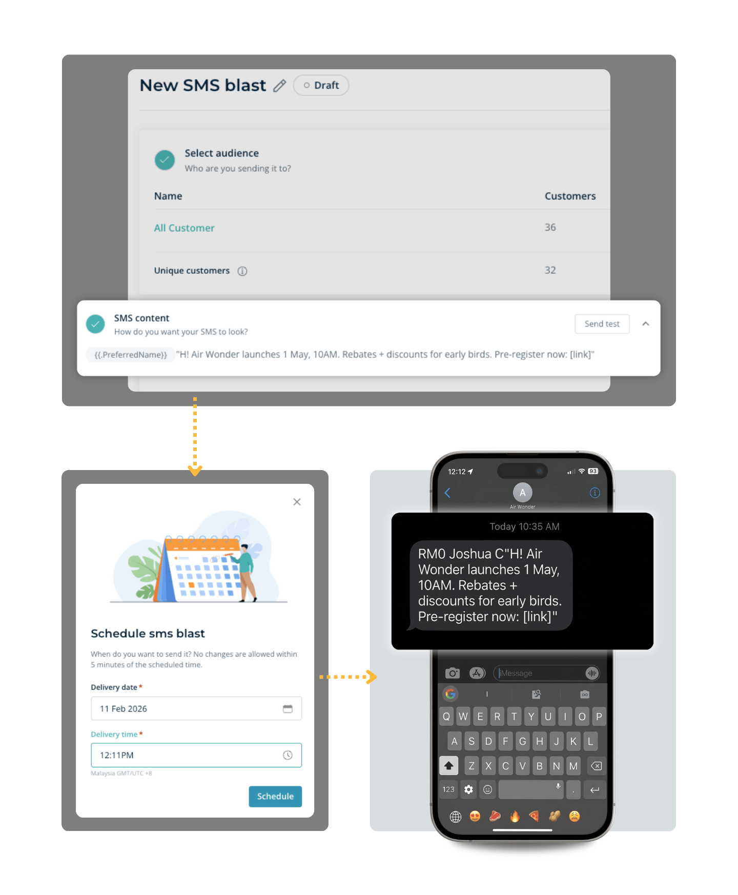 An SMS blast in MHub CRM: the audience and message are set, the send is scheduled, and the text arrives on a buyer's phone.