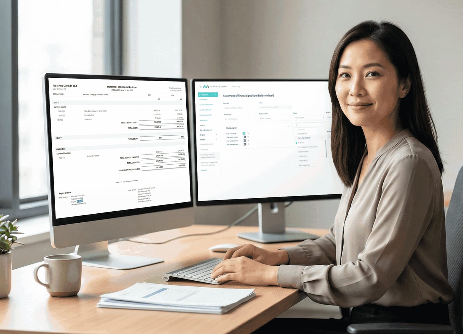An accountant at a two-monitor desk with a statement of financial position open in MHub Accounting.