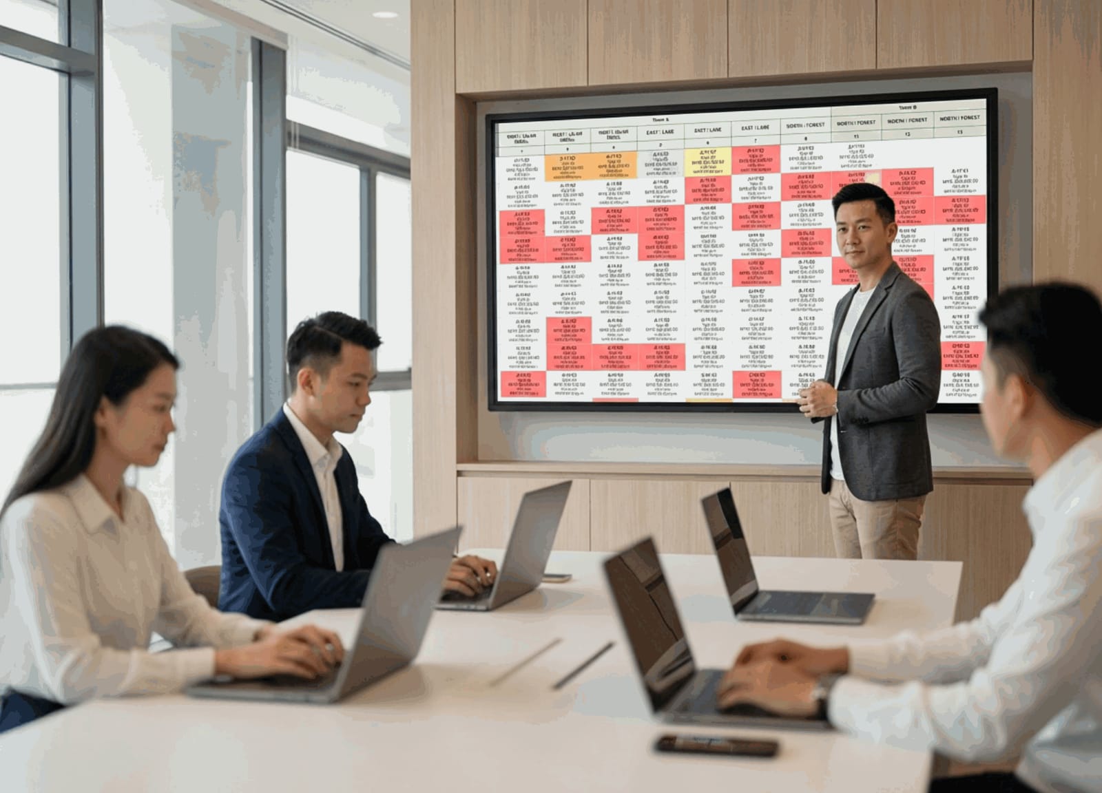 A sales team at laptops around a meeting table while a colleague walks them through a live unit availability board.