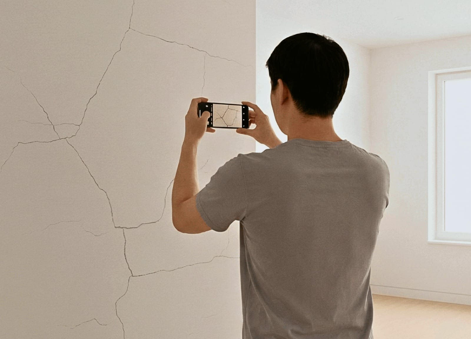 A handover inspector photographing a cracked wall on a phone to log it as a defect during vacant possession.