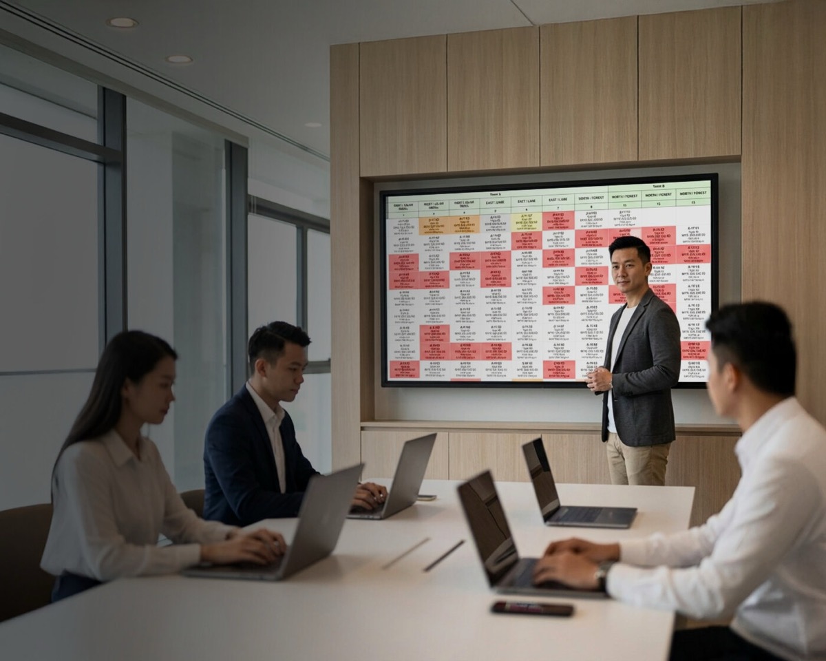 A developer's sales team at a boardroom table with laptops open, watching a colleague present a unit availability chart on a wall screen.