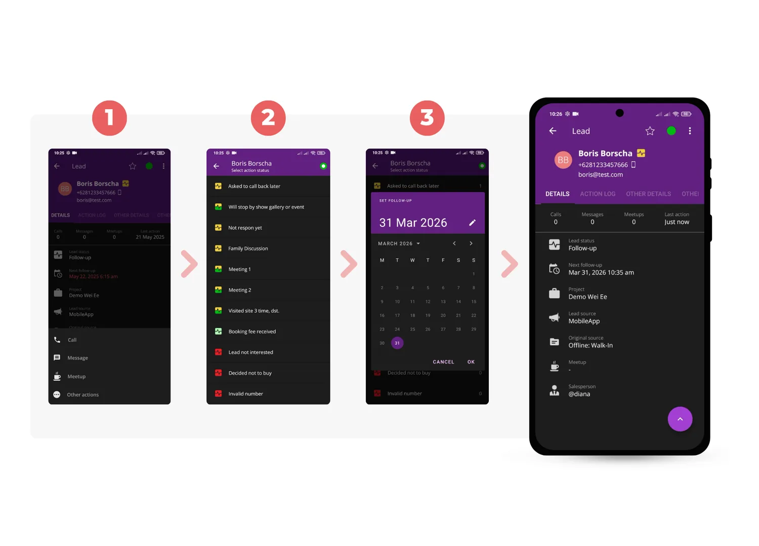 Three taps in the SalesCandy app: open the lead, choose an action status, set the follow-up date, and the lead record updates.