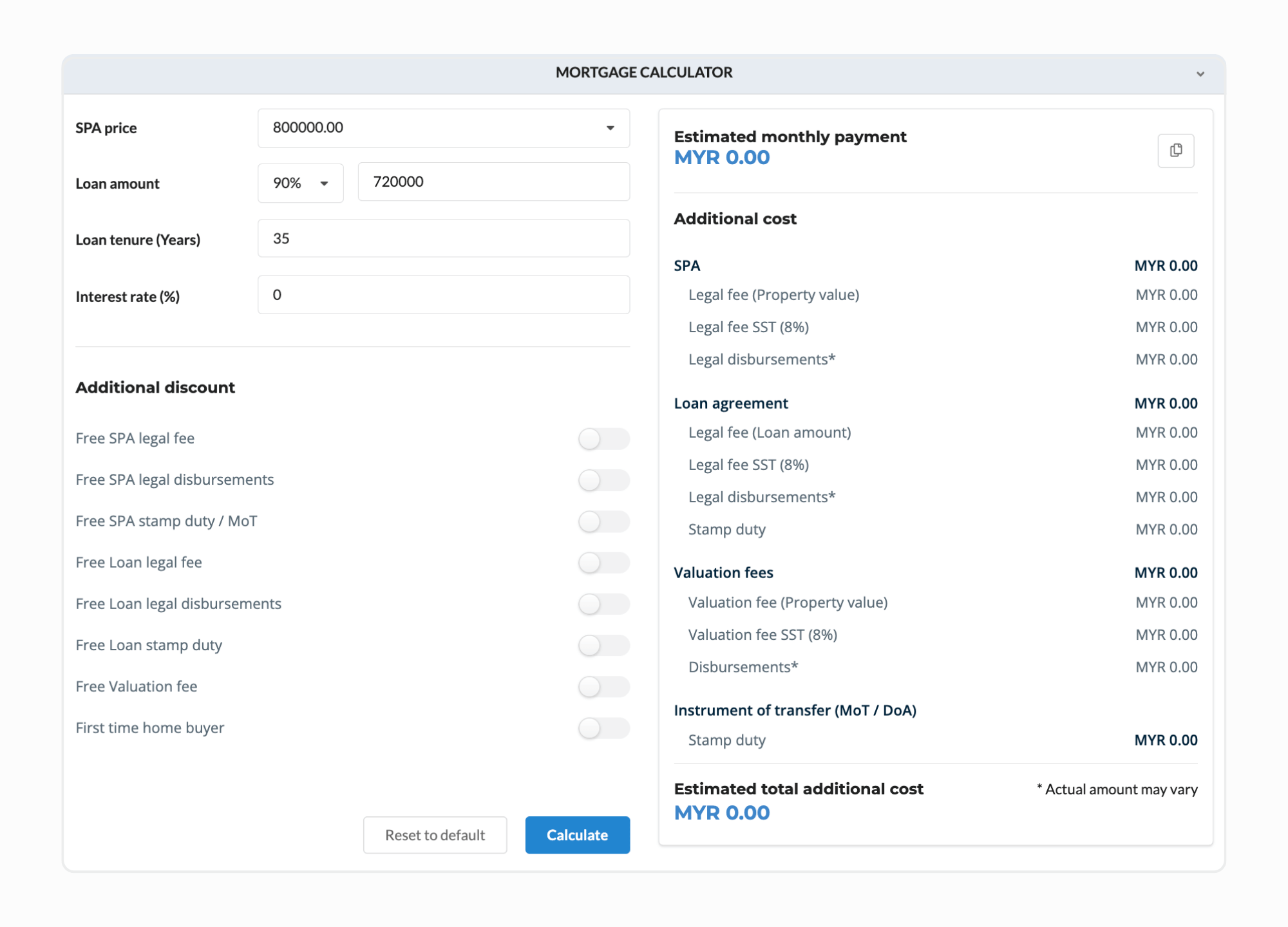 The MHub mortgage calculator: SPA price, loan amount, tenure and interest rate beside the estimated monthly payment and a breakdown of additional costs.