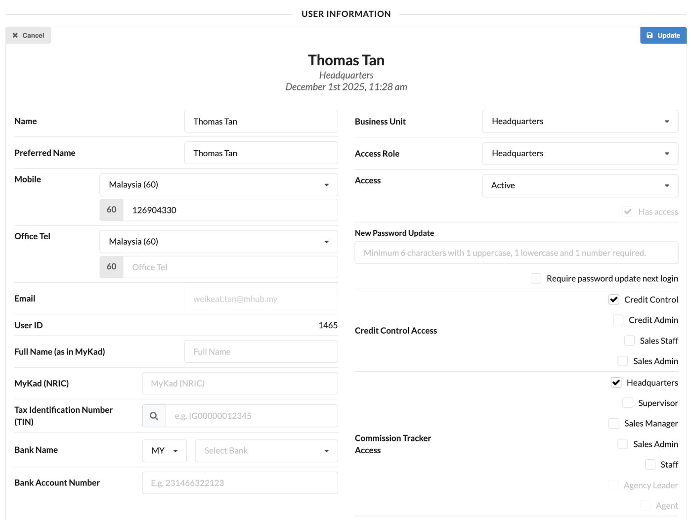 User creation screen with Commission and Credit Control access toggles