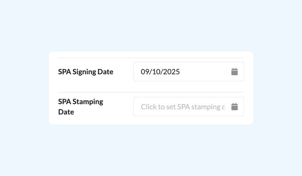 Edit Booking screen with SPA Signing and Stamping Date fields enabled