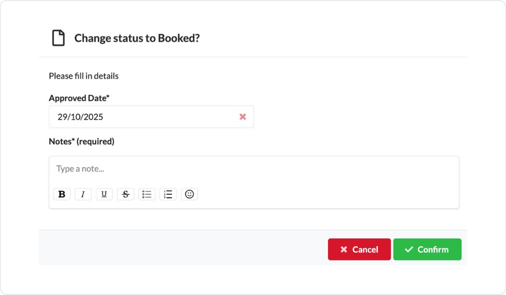 Approved Date field when changing a booking's status to Booked