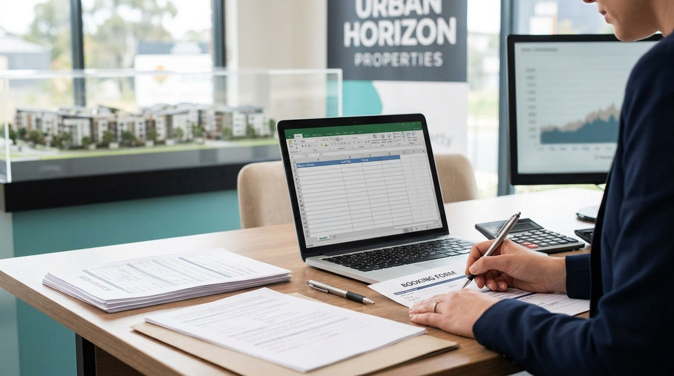 Sales admin copying a paper booking form into a blank spreadsheet at a developer's sales counter