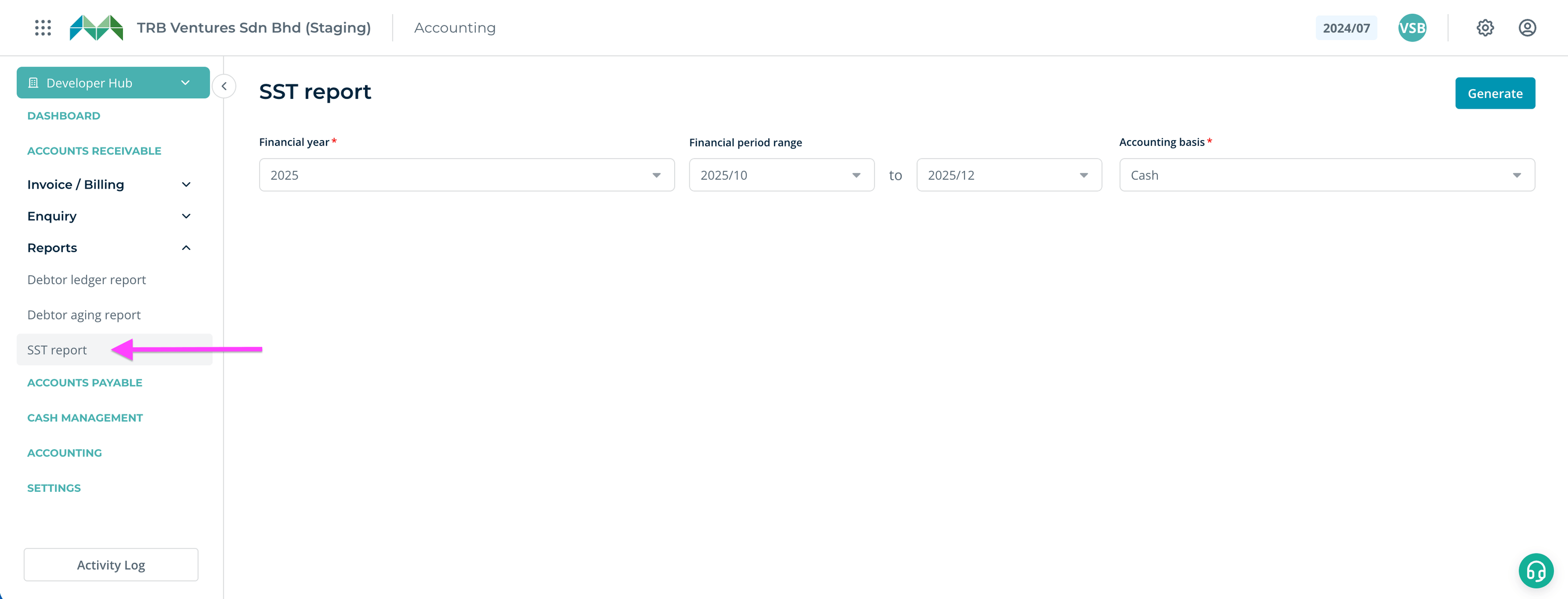 Accounts Receivable Reports menu with SST report selected