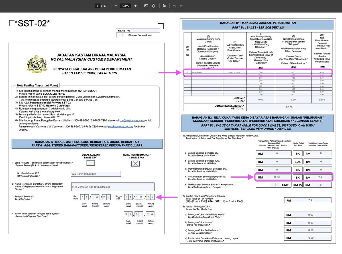 SST-02 submission PDF with taxable amount fields